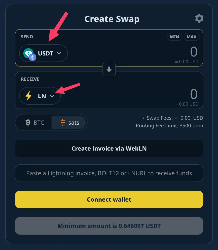 Boltz step 2: Select the currency you want to start with, and select Receive LN (Bitcoin Lightning)