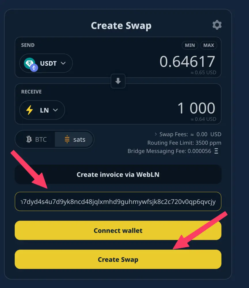 Boltz step 3: Paste Lightning invoice and click Create Swap