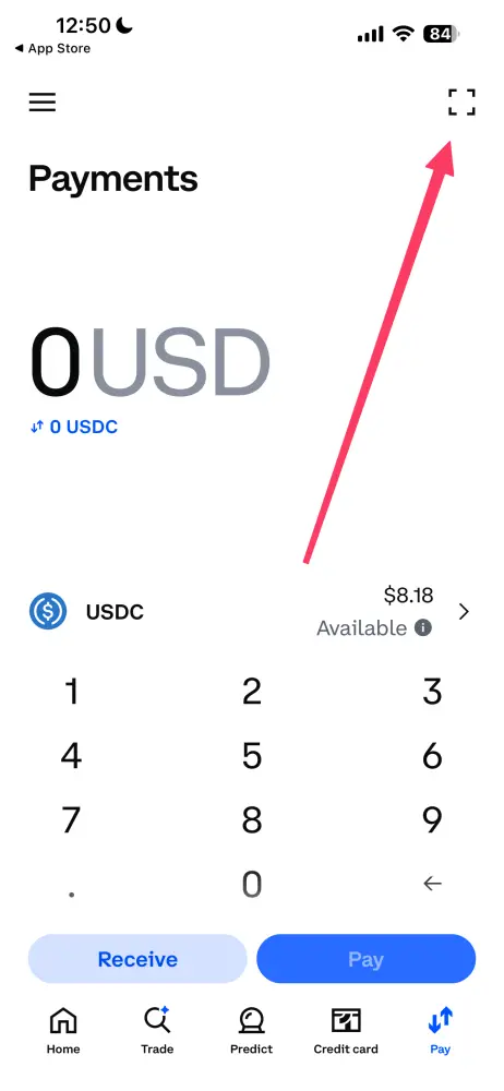 Coinbase step 3: Tap the QR scanner