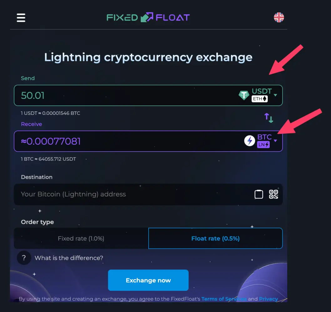 FixedFloat step 2: Choose USDT to send, then BTC Lightning to receive