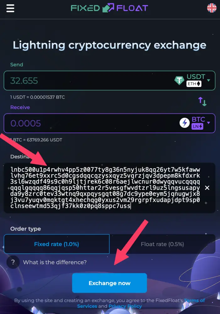 FixedFloat step 3: Paste the Lightning invoice, then tap Exchange now