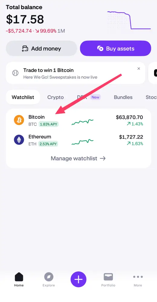 Kraken step 2: Tap Bitcoin