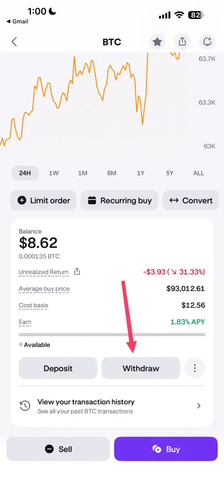 Kraken step 3: Tap Withdraw