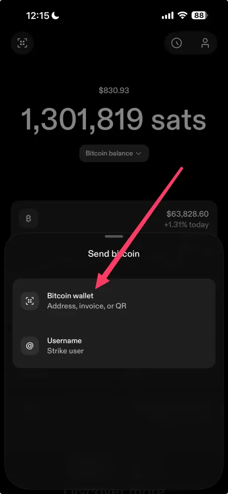 Strike step 3: Choose Bitcoin wallet
